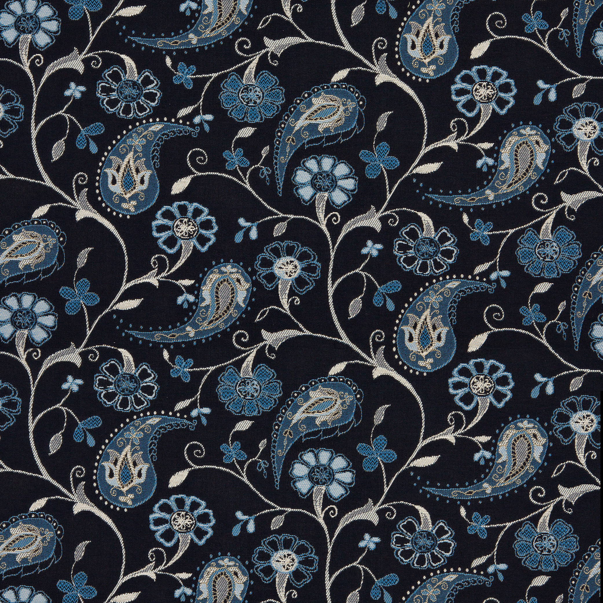 Blue White on Dark Blue Floral and Paisley Damask Upholstery Fabric