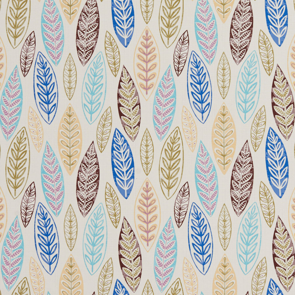 Aqua and Brown Modern Artistic Large Leaf Print Linen Upholstery Fabric