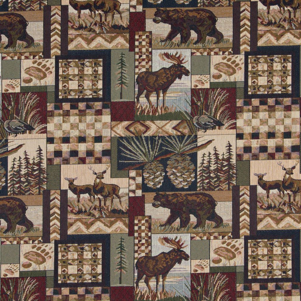 Aspen Moose Bear Deer in Woods Pine Lodge Cabin Theme Tapestry Upholstery  Fabric